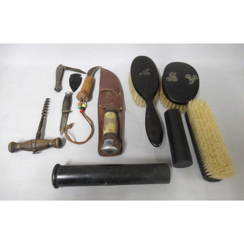 494 - Butler sheath knife with scabbard, 19th Century cork screw and a quantity of ebony dressing table it... 