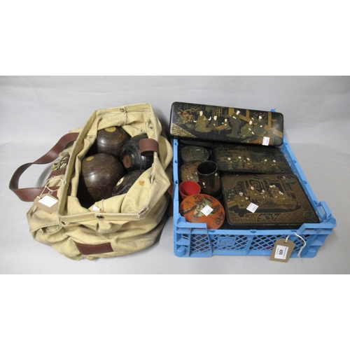 496 - Quantity of various Japanese lacquer boxes, together with four wooden lawn bowls