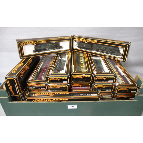 531 - Box containing a quantity of Mainline Railways carriages, including three engines and tenders and a ... 