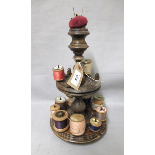 535 - Mid 19th Century walnut cotton reel stand with pin cushion top, 34cm high