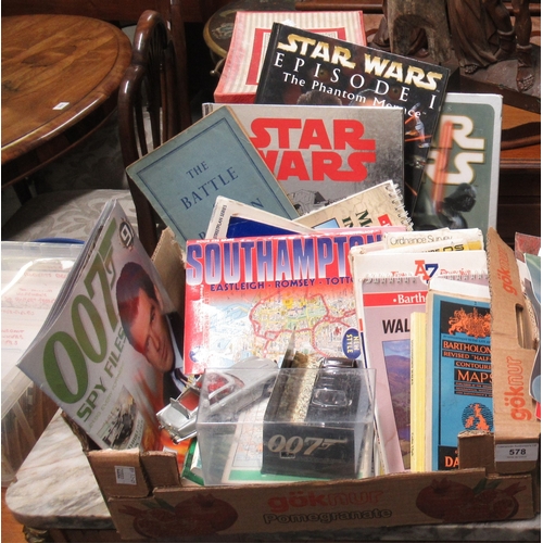 578 - Box of various ephemera, including Star Wars, James Bond, battle of Britain, Ordnance Survey maps