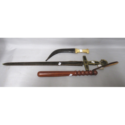 601 - Antique ceremonial sword, together with an Eastern dagger with bone handle and a policeman's trunche... 