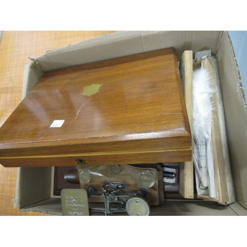 659 - Art Deco mahogany and glass two bottle ink stand, together set of brass postal scales, part set of p... 