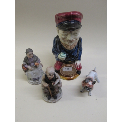 703 - French pottery Toby jug, pair of Italian porcelain figures and a porcelain figure of a dog