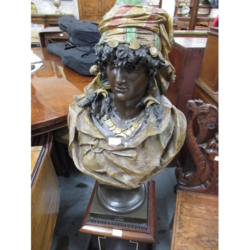 704 - Pair of large 19th Century Austrian painted terracotta busts of a Moorish man and woman, 74cm high, ... 