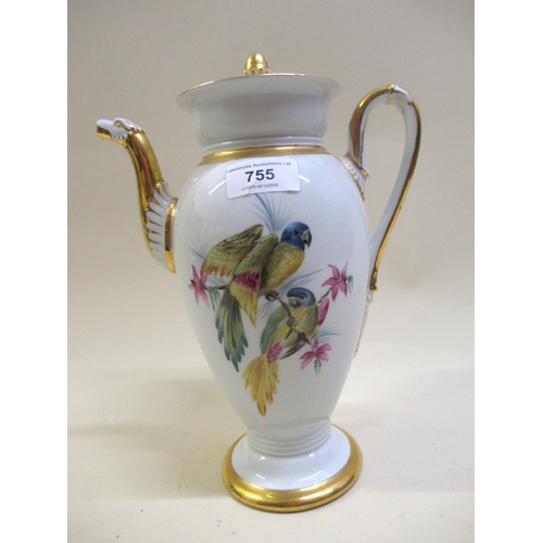 755 - Continental porcelain Meissen style coffee pot painted with parrots, 26.5cm high