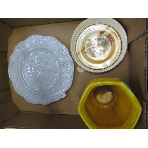 799 - Small Mintons yellow ground pottery jardiniere, two blue and white plates transfer printed with port... 