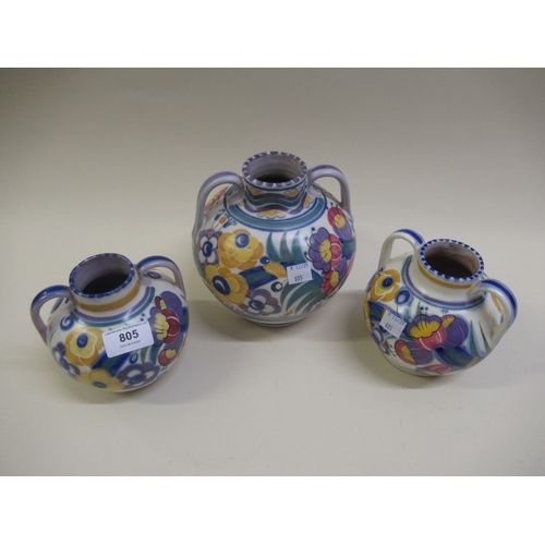 805 - Three various early Poole pottery two handled vases