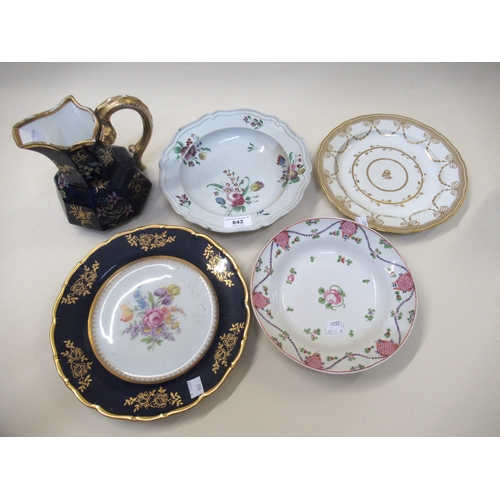 842 - Derby gilt decorated plate (puce mark), together with an 18th Century floral decorated soup dish and... 