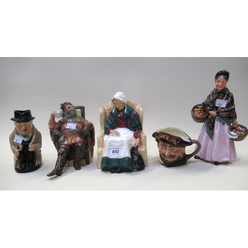 892 - Three Royal Doulton figures, Royal Doulton Winston Churchill Toby jug and a Royal Doulton character ... 