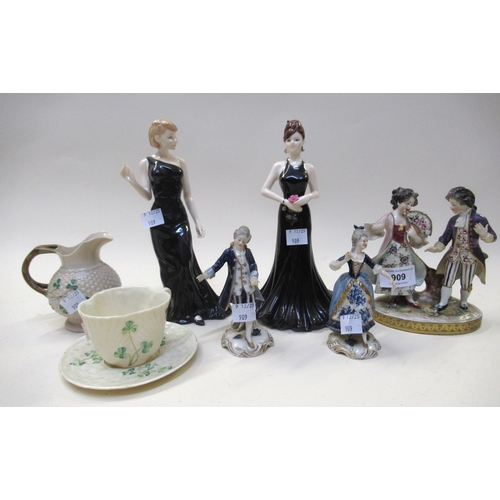 909 - Continental porcelain group of two figures, two modern Coalport figures , pair of small Sitzendorf f... 