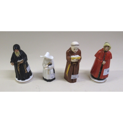 928 - Pair of Derby candle snuffers with original bases, together with two Worcester candle snuffers