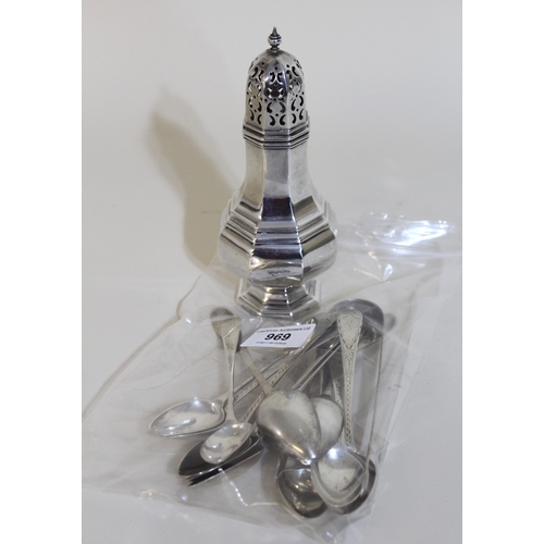 969 - Various silver bright cut and other tea spoons, pair of silver sugar tongs and silver octagonal balu... 