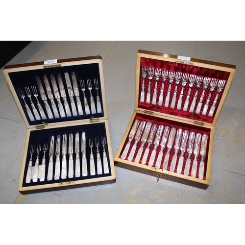 971 - Cased set of twelve silver plated dessert knives and forks with silver collars and mother of pearl h... 