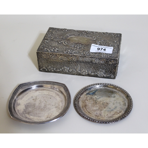 974 - Rectangular floral embossed London silver cigarette case, together with two small Continental silver... 