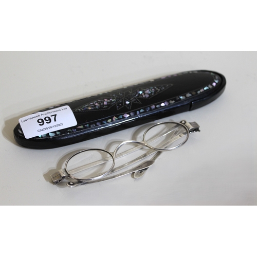 997 - Pair of 19th Century Irish silver spectacles in a mother of pearl inlaid and black lacquered papier ... 