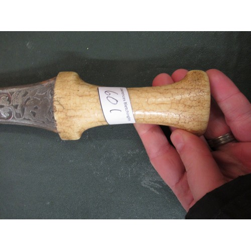 601 - Antique ceremonial sword, together with an Eastern dagger with bone handle and a policeman's trunche... 