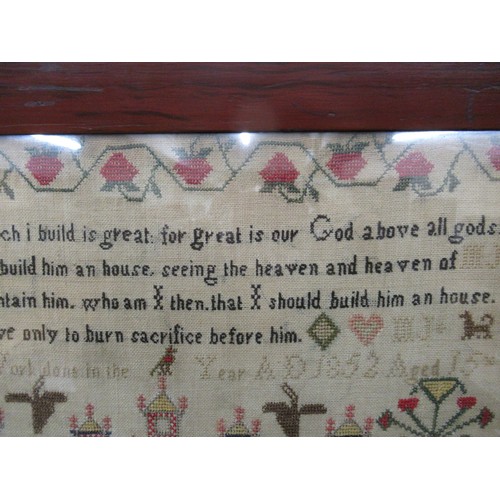 173 - 19th Century sampler ' The West View of Solomans Temple ' with verse and surrounded by various birds... 