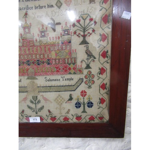 173 - 19th Century sampler ' The West View of Solomans Temple ' with verse and surrounded by various birds... 