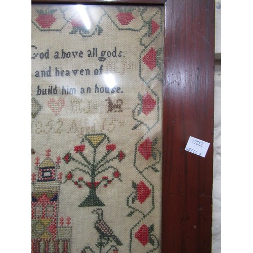 173 - 19th Century sampler ' The West View of Solomans Temple ' with verse and surrounded by various birds... 