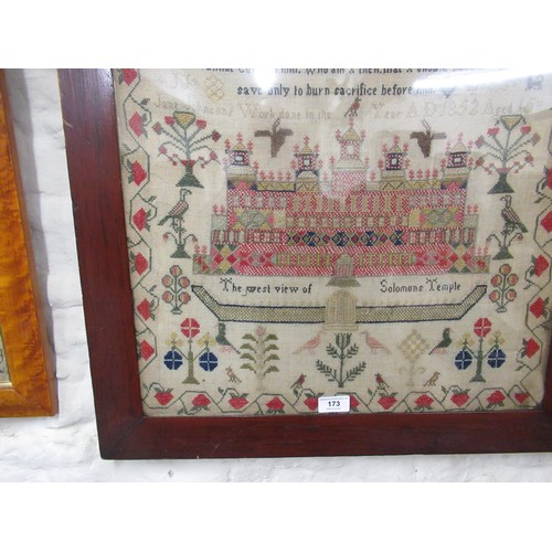 173 - 19th Century sampler ' The West View of Solomans Temple ' with verse and surrounded by various birds... 