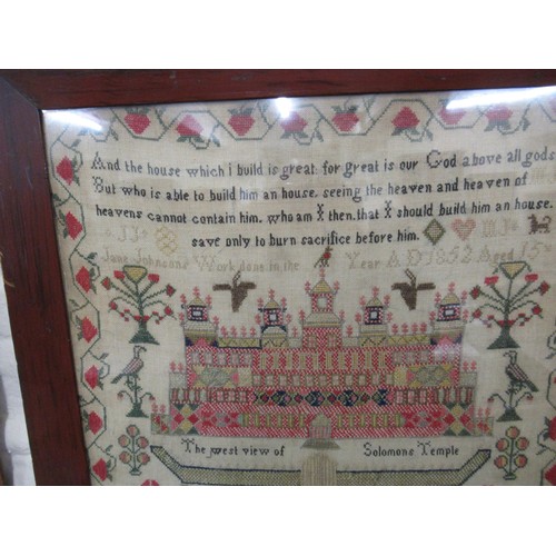 173 - 19th Century sampler ' The West View of Solomans Temple ' with verse and surrounded by various birds... 