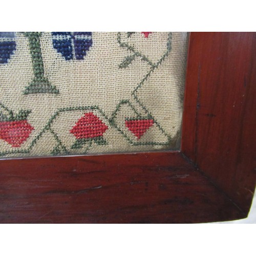 173 - 19th Century sampler ' The West View of Solomans Temple ' with verse and surrounded by various birds... 