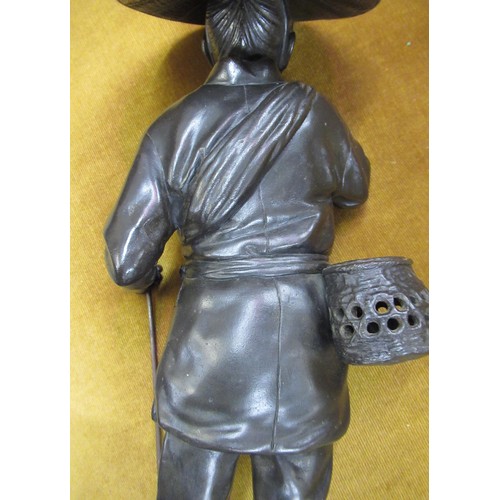 2197 - Genryusai Seiya (Japanese Meiji period), dark patinated bronze figure, man wearing a wide brimmed ha... 