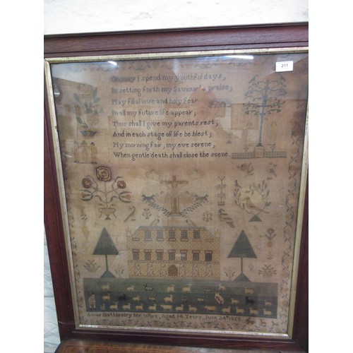 211 - Large unusual 19th Century needlework sampler with poem and mansion house surrounded by various flow... 