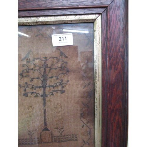 211 - Large unusual 19th Century needlework sampler with poem and mansion house surrounded by various flow... 