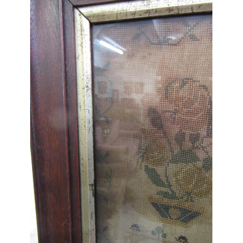 211 - Large unusual 19th Century needlework sampler with poem and mansion house surrounded by various flow... 