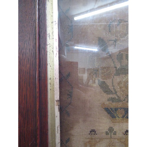 211 - Large unusual 19th Century needlework sampler with poem and mansion house surrounded by various flow... 