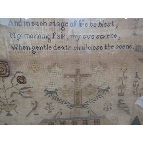 211 - Large unusual 19th Century needlework sampler with poem and mansion house surrounded by various flow... 