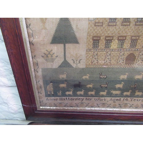 211 - Large unusual 19th Century needlework sampler with poem and mansion house surrounded by various flow... 