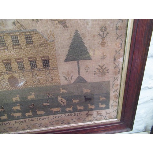 211 - Large unusual 19th Century needlework sampler with poem and mansion house surrounded by various flow... 