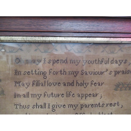 211 - Large unusual 19th Century needlework sampler with poem and mansion house surrounded by various flow... 