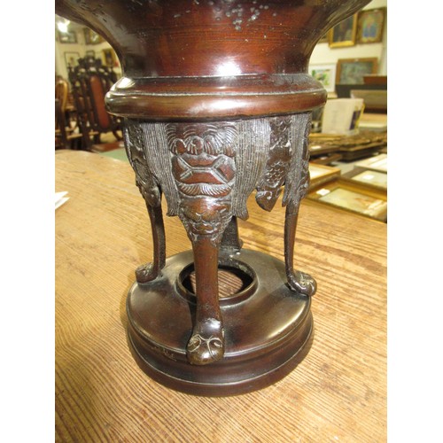 1697 - Late 19th Century Japanese dark patinated bronze two handled vase decorated in high relief with bird... 