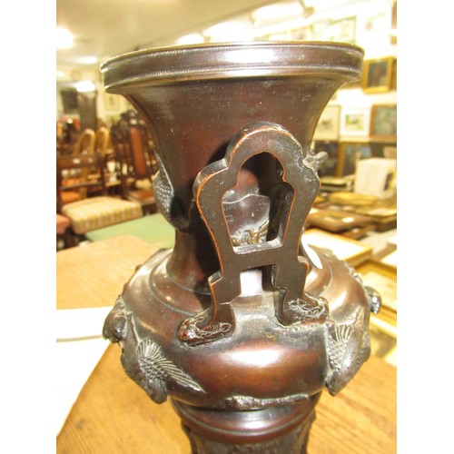1697 - Late 19th Century Japanese dark patinated bronze two handled vase decorated in high relief with bird... 