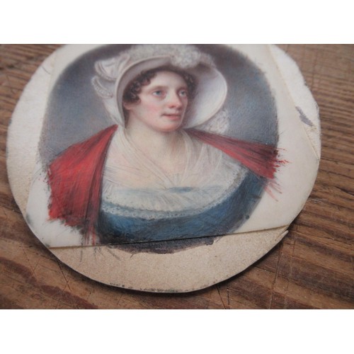 1407 - 19th Century watercolour portrait miniature on ivory, portrait of a lady wearing a feather trimmed b... 
