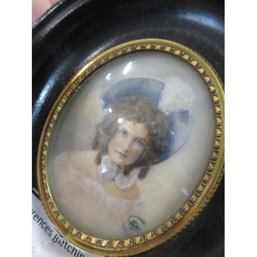 1407 - 19th Century watercolour portrait miniature on ivory, portrait of a lady wearing a feather trimmed b... 