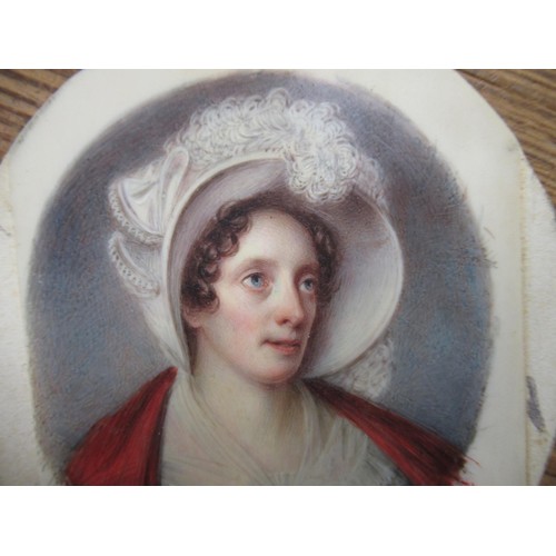 1407 - 19th Century watercolour portrait miniature on ivory, portrait of a lady wearing a feather trimmed b... 