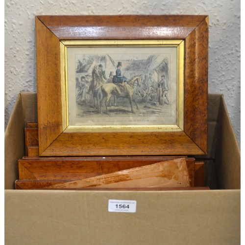 1565 - Set of nine coloured engravings, hunting scenes after John Leech, maple framed