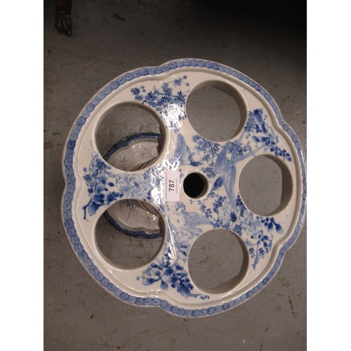 787 - Japanese bird and floral decorated circular stickstand (at fault), 56cm high