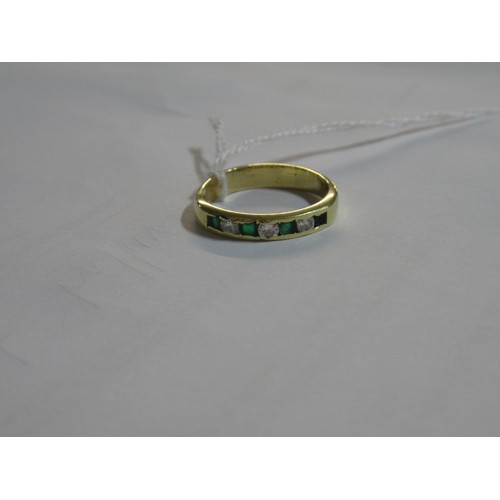 1160 - 18ct Yellow gold seven stone emerald and diamond half eternity ring, size 'S', 4.4g