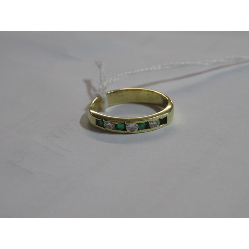 1160 - 18ct Yellow gold seven stone emerald and diamond half eternity ring, size 'S', 4.4g