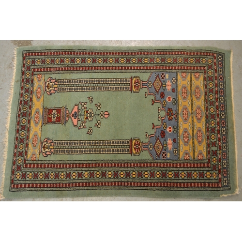 13 - Small Pakistan prayer rug, with green ground, 86 x 62cm, together with another small Turkish rug