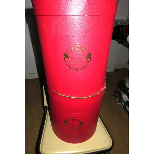 35 - Two large red Dunn and Co. Hat boxes together with a Philip Somerville (Milliner to Princess Diana) ... 