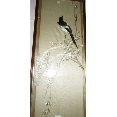 53 - Silk embroidered picture, magpie on a branch, 89 x 36cm, framed