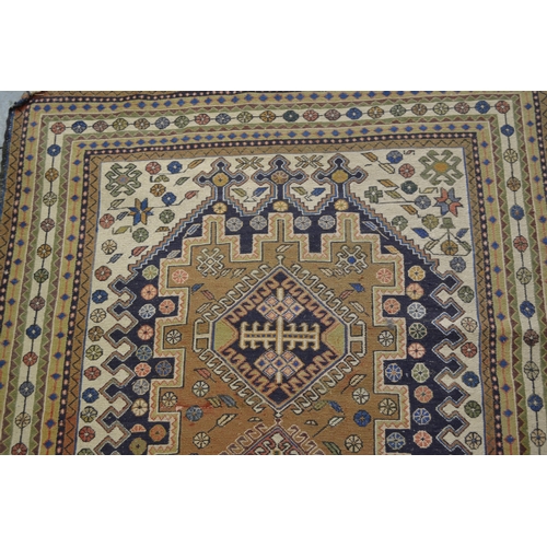 6 - Soumak rug with a hooked medallion design in shades of blue, pink, beige, cream and pale green, 223 ... 