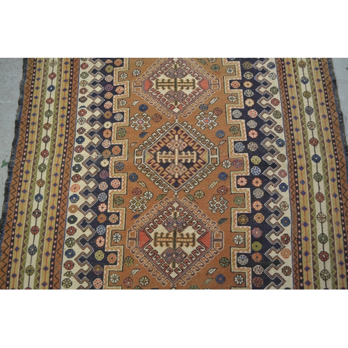 6 - Soumak rug with a hooked medallion design in shades of blue, pink, beige, cream and pale green, 223 ... 